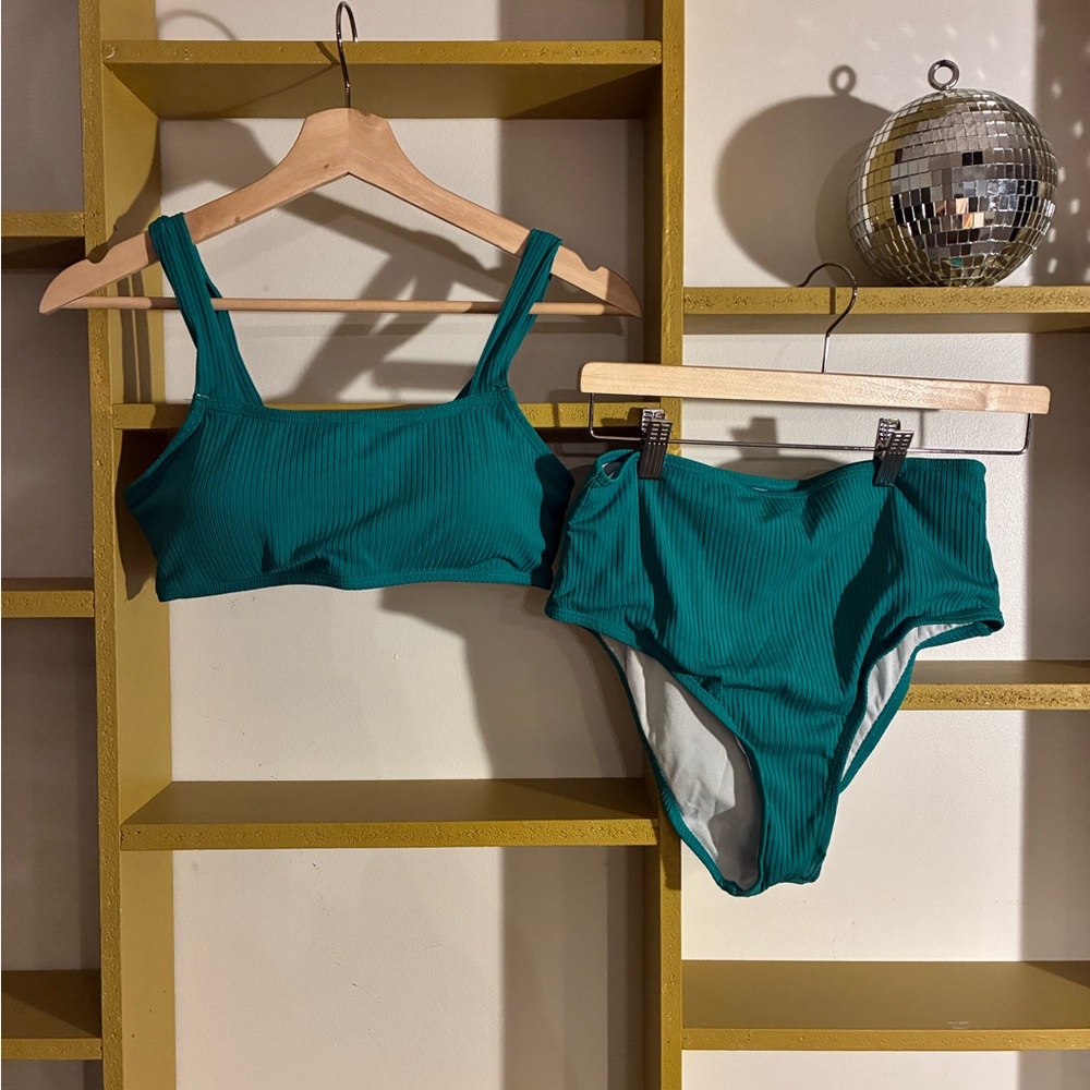 Teal Ribbed High-Waist Bikini Set - Women Swim Bikinis